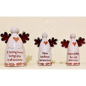 3 Primitive Americana Pottery Angels w Metal Wings